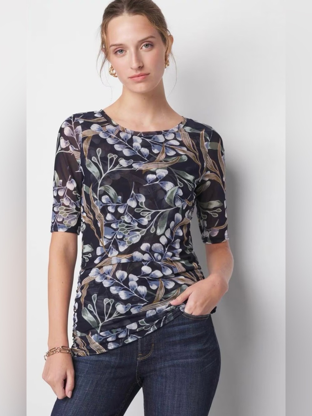 White House Black Market Ruched Mesh Top With Floral Print Size M